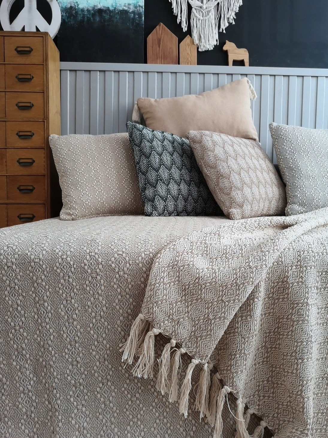 Narzuta Liv bawełna 200x220 kapa geometryczna boho frędzle ecru beżowa