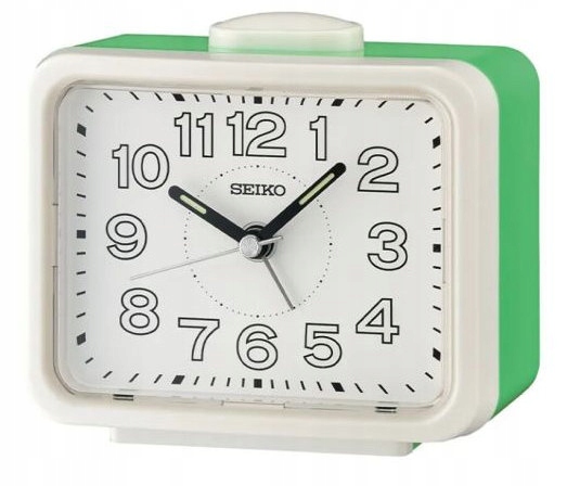 Bílý Zelený Budík Seiko QHK061W Hlasitý Alarm Tichý Mechanismus 11x8,5 cm