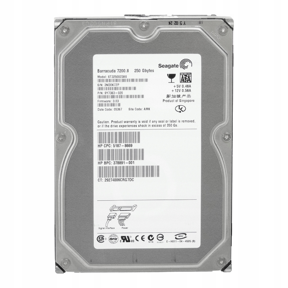 Hp 5187-8669 378891-001 250GB Sata 7.2K 8MB 3.5'' ST3250823AS