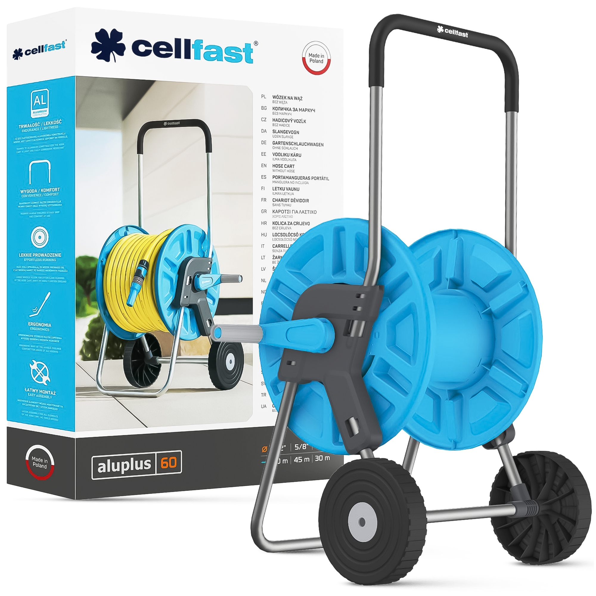 Stojak Wózek Na Wąż Ogrodowy 1/2" Na Kółkach Zwijacz Cellfast Lekki 60m