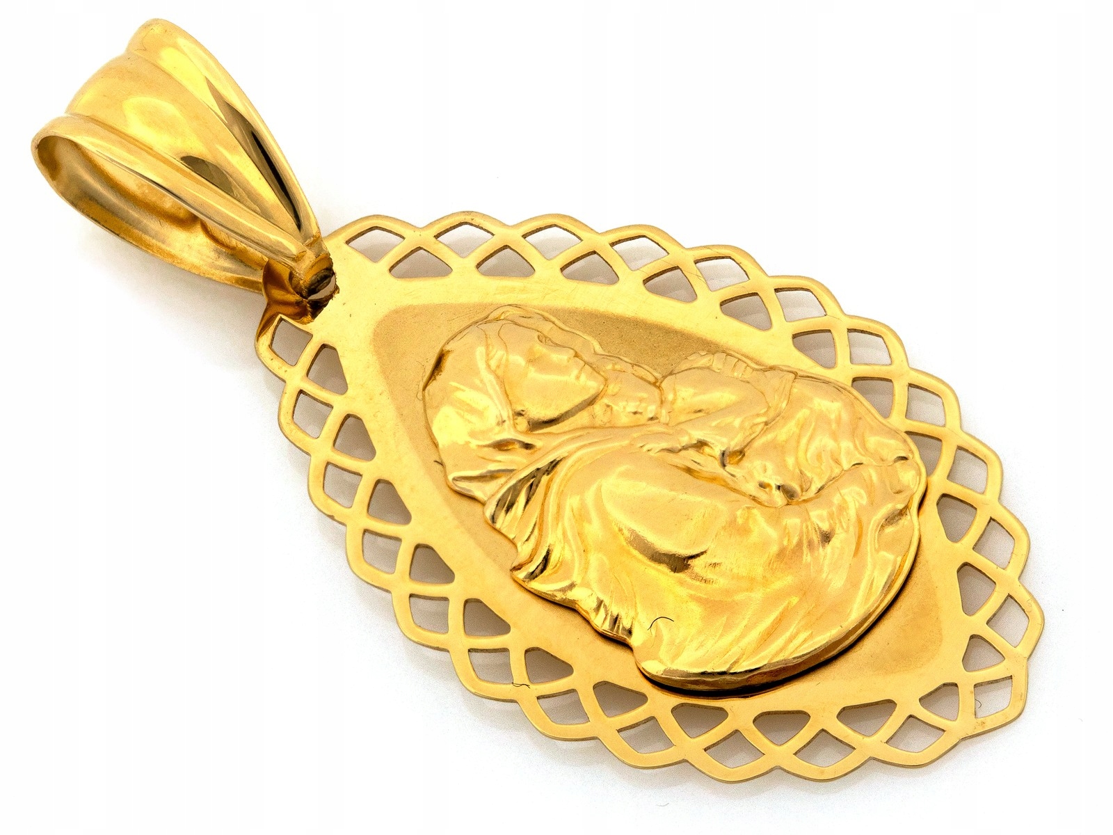 Elegantní zlatý medailon 585 14k s ažurem Matka Boží a dítětem 1.56g
