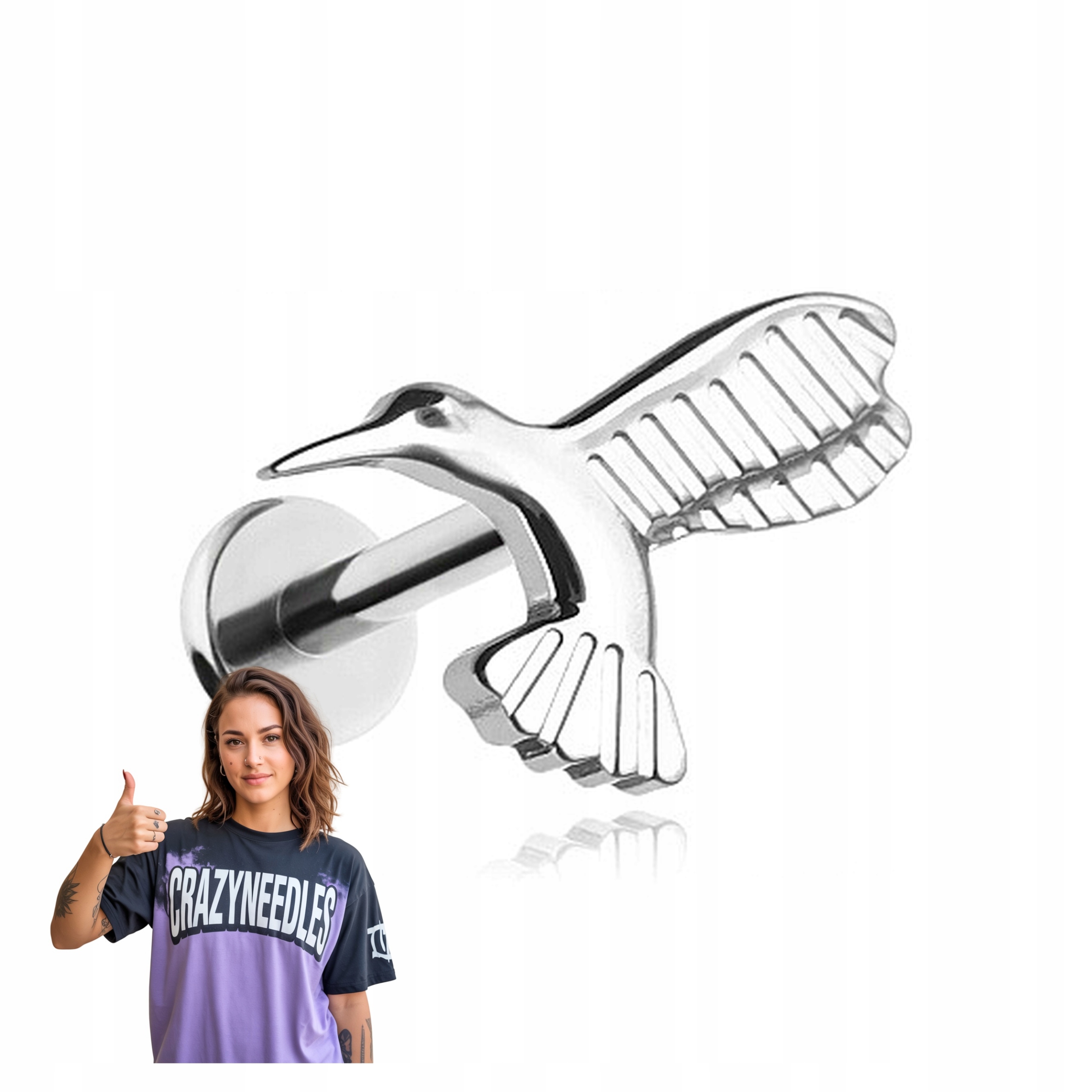 Titanový náušník labret kolibřík stříbrný 1,2/8