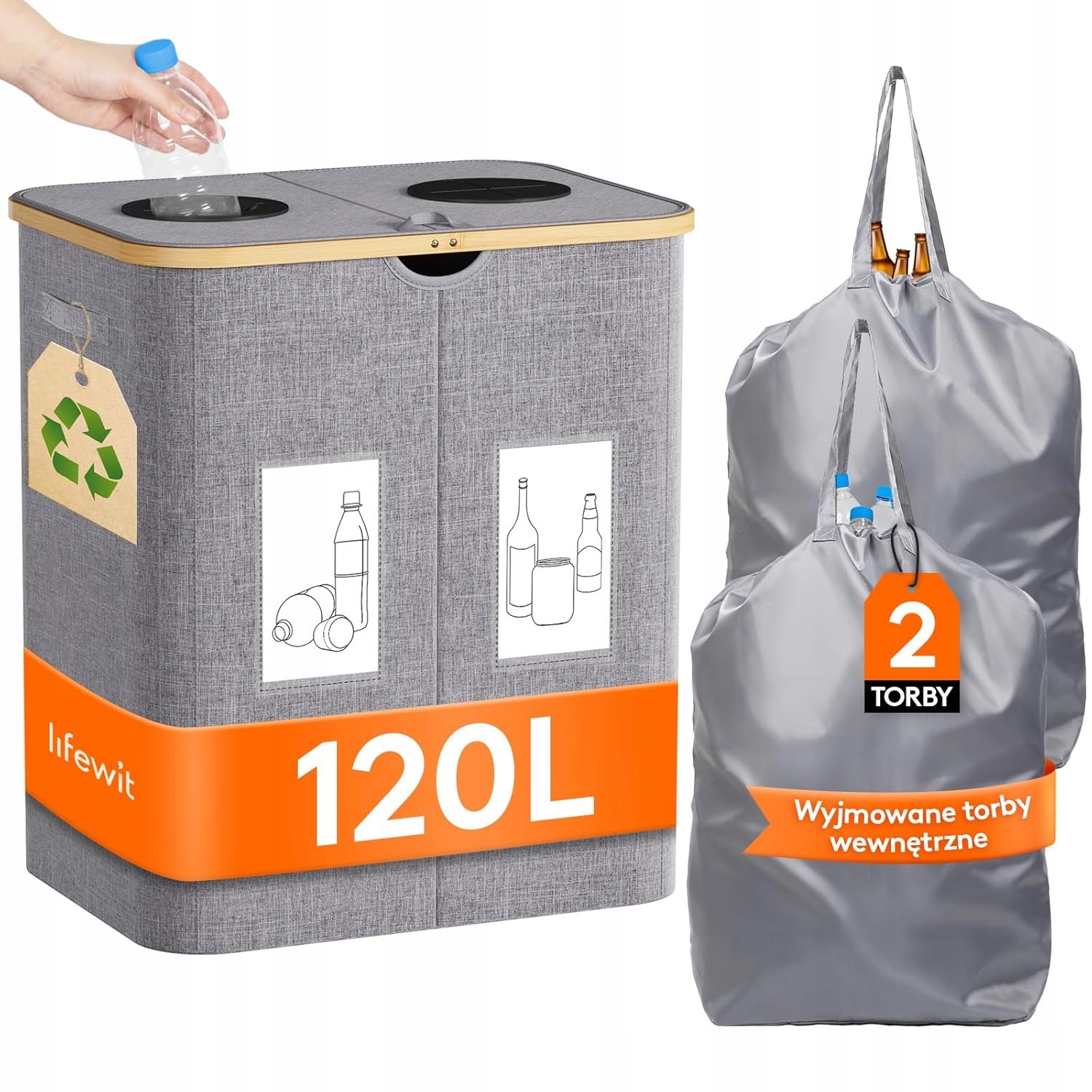 Lifewit recyklační koš 120L 2 komory, víko, šedý