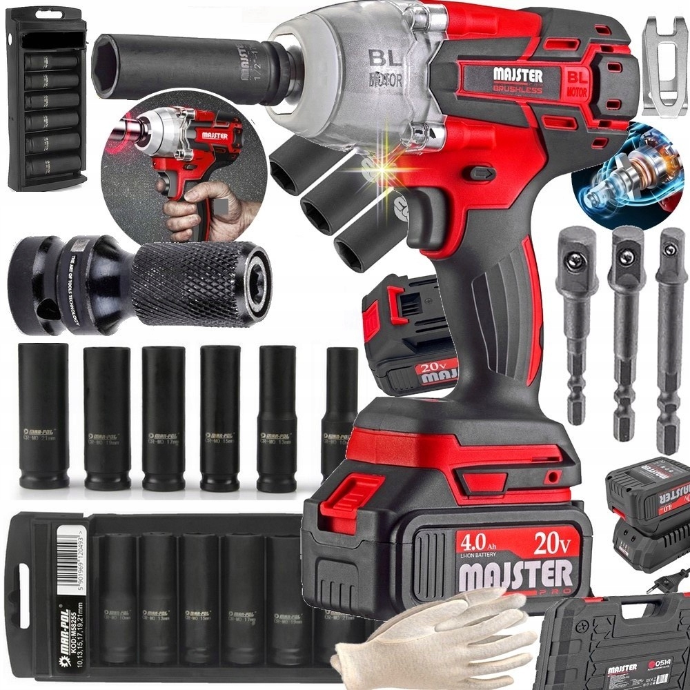 Rázový Uťahovák Akumulátorový Bezkartáčový Kolesá 20V 1/2 2xAku+ Nástavce MP0514