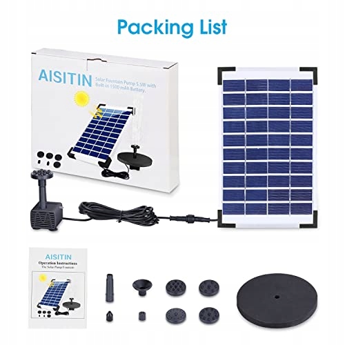 AISITIN Fontanna Solarna 5.5W Pompa Do Oczka Wodnego Z Baterią 1500mAh — miniatura 8