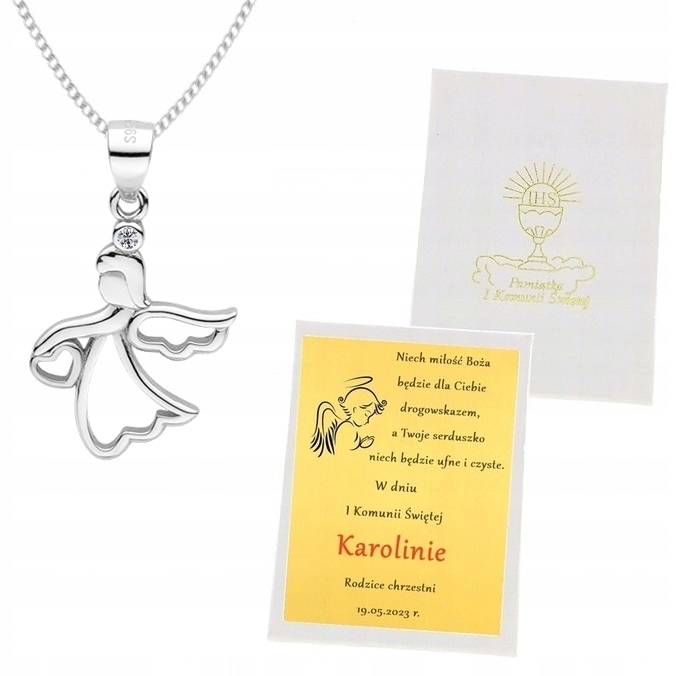 SREBRNY NASZYJNIK ANIOŁEK I KOMUNIA ŚW GRAWER