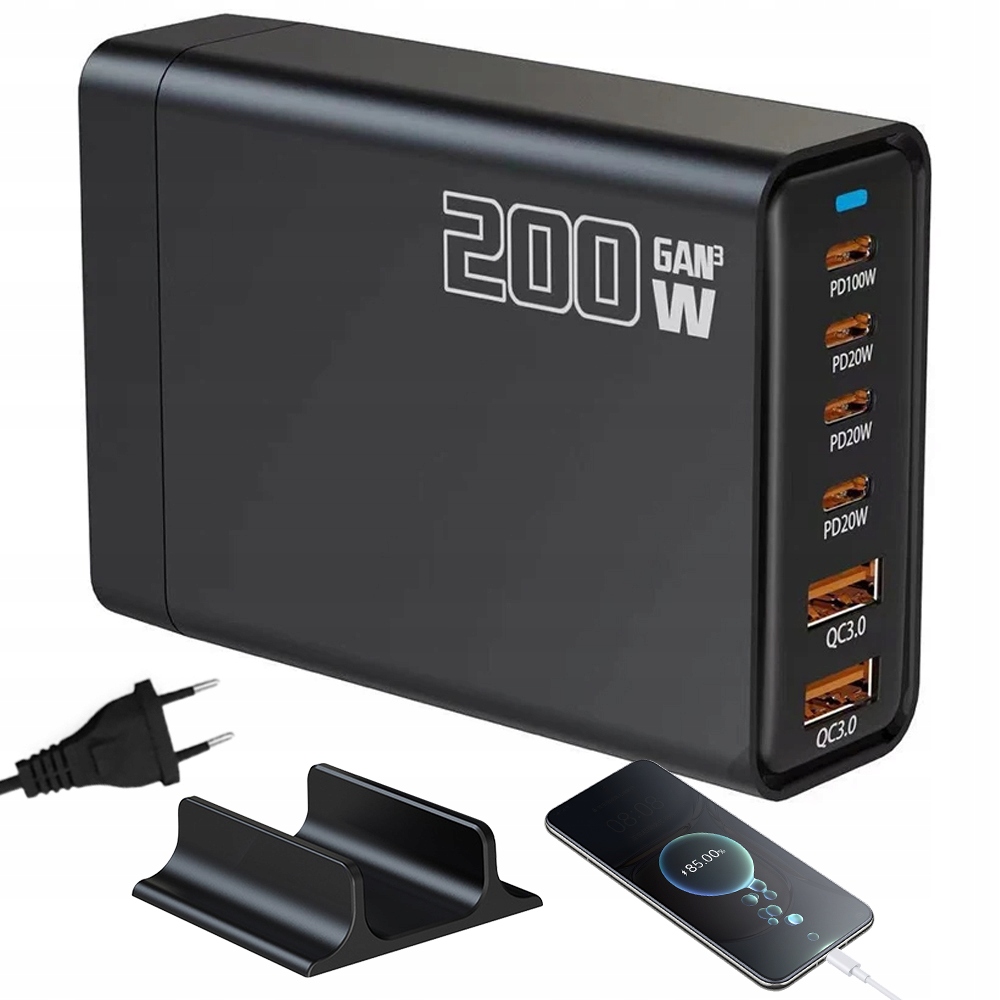 Szybka Ładowarka Gan 200W Pd 4X Usb C 2XUSB A Do Laptopa Ios Mac I Telefonu
