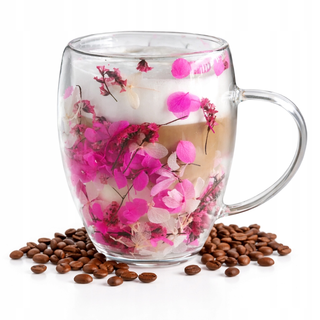 SZKLANKA TERMICZNA DO KAWY HERBATY Z KWIATAMI W ŚRODKU HORTENSJE Róż 300ML