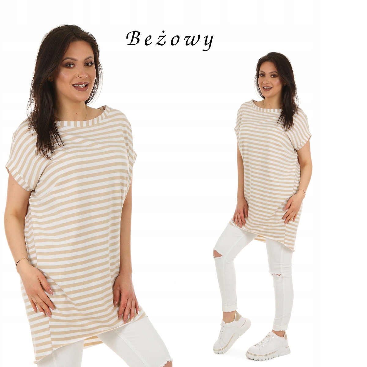 

F581 Paski dłuższa luźna Tunika damska, kieszenie