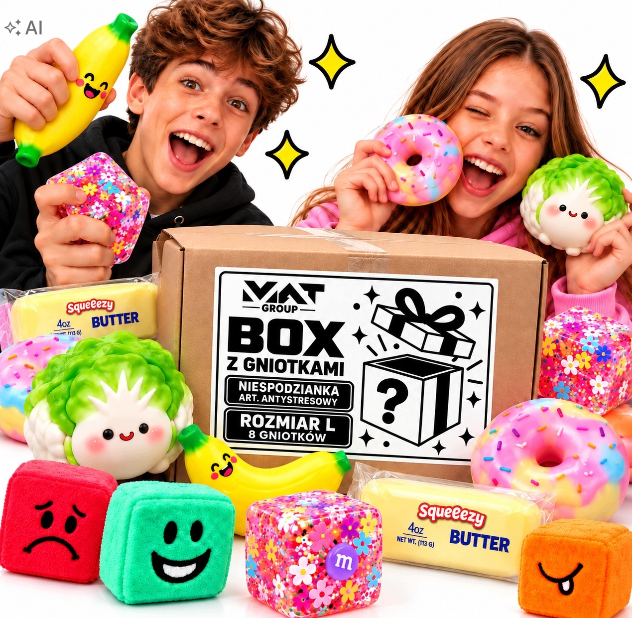 Zestaw Squishy Gniotków Mystery Box r.L 8 Szt Antystresowe Crunchy Wazelina