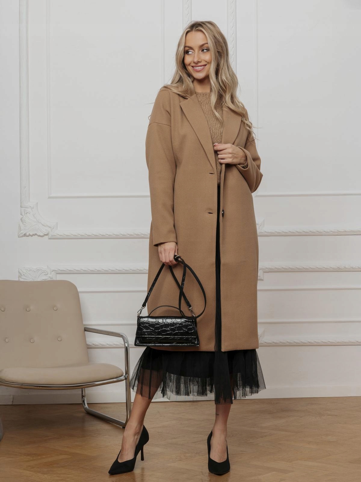 Klasický hnědý dámský stylový pohodlný kabát CLR036, velikost M