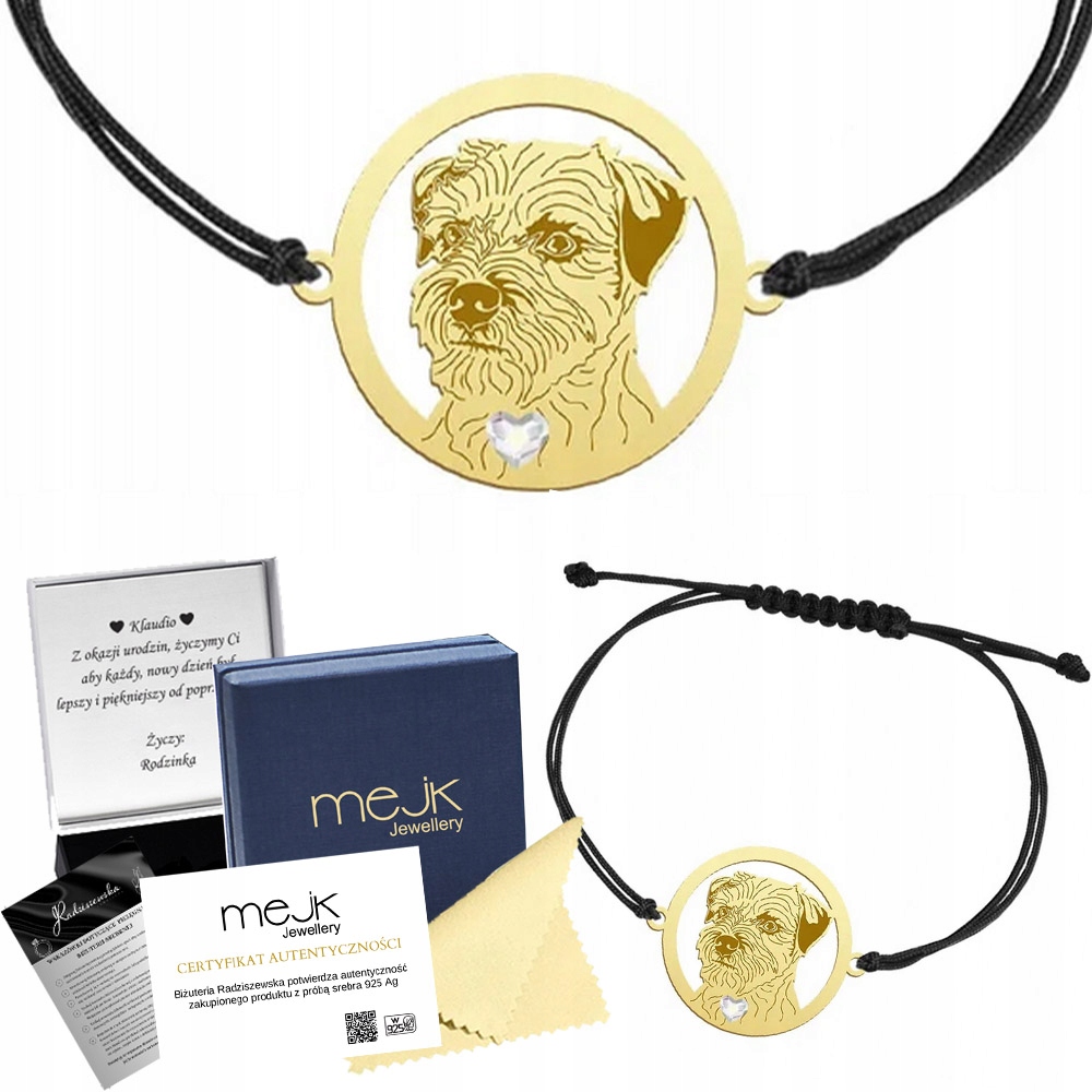 Zlatý náramek s border teriérem 925 Dárek Šňůrka Gravírování Bonus