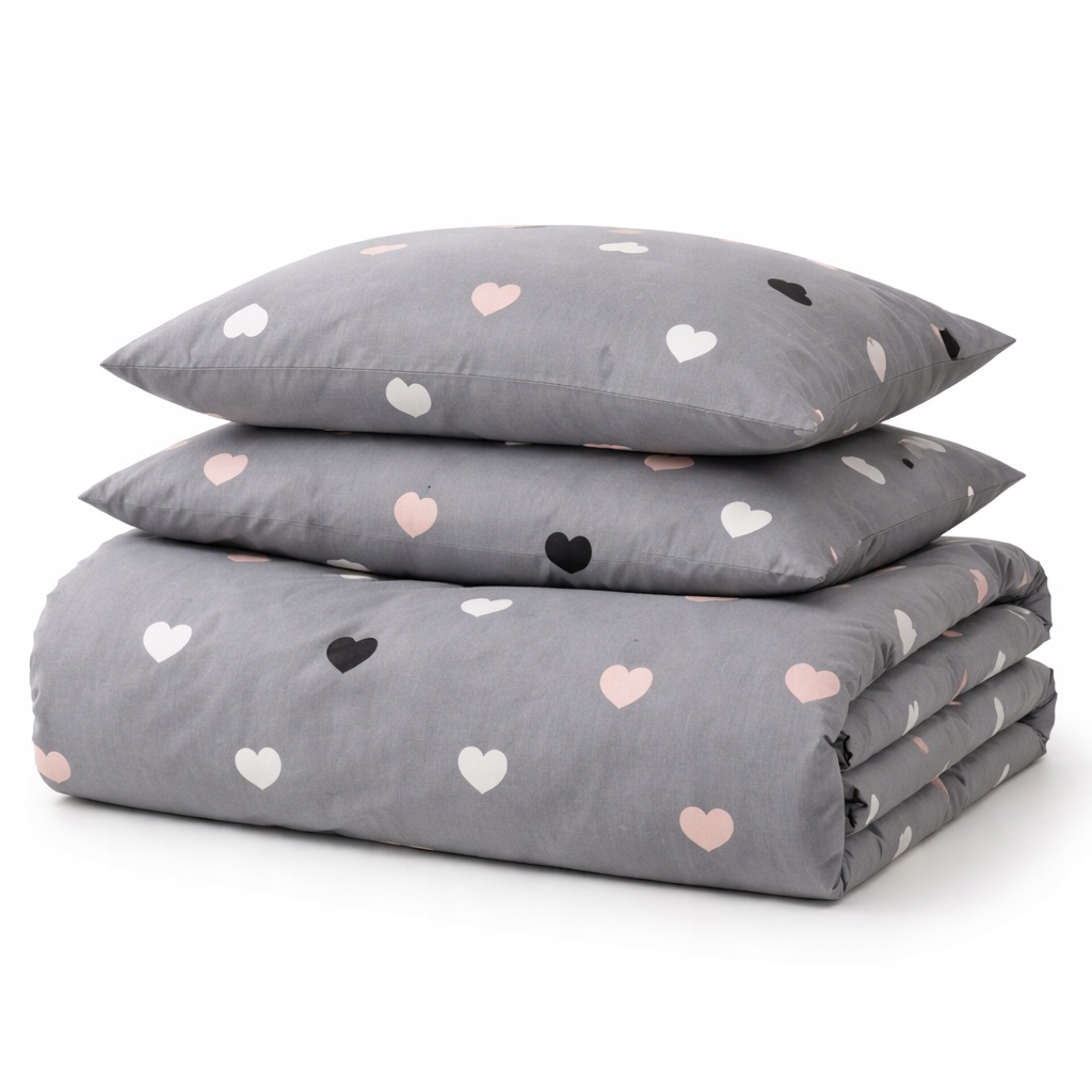 Pościel bawełniana 180x200 poszewki naturalna bawełna szara w serduszka