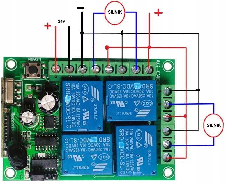 Sterownik 2 piloty 4 kanały 4x10A zasilanie 24V zdalne sterowanie MT-C404 Stan opakowania oryginalne