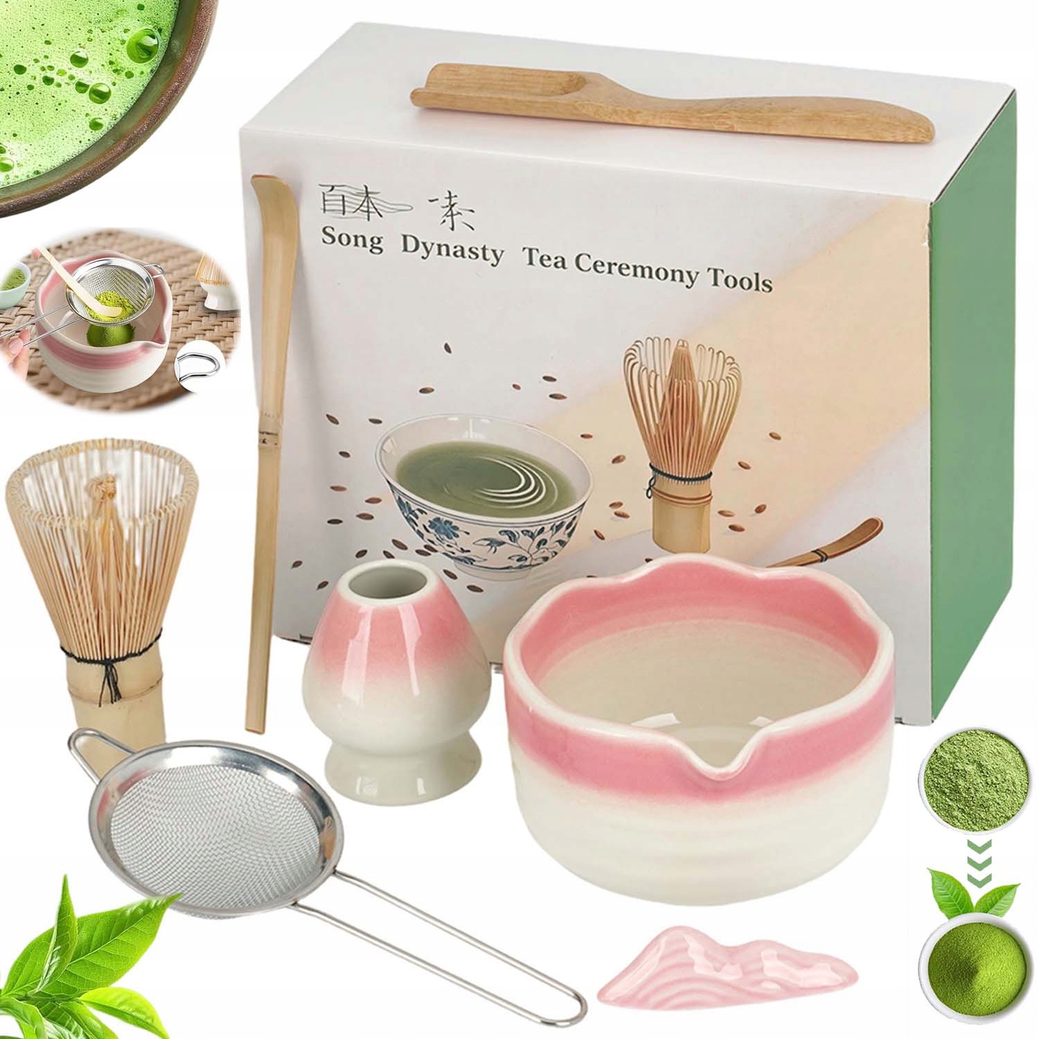 Levně Dárková Sada Na Čaj Matcha Šálek Metla Podstavec Lžička 7V1