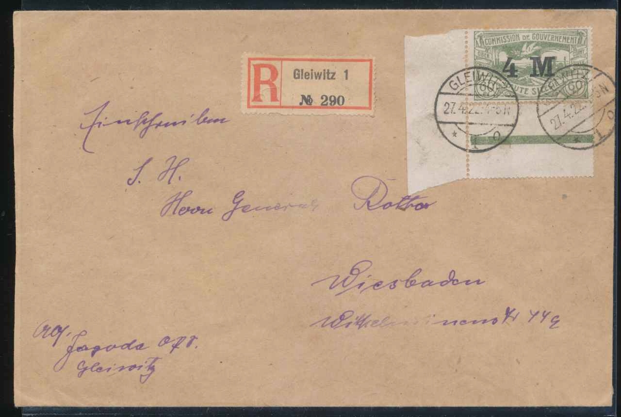 1922 GÓRNY ŚLĄSK, PLEBISCYT, polecony R-GLEIWITZ 1, do Niemiec, 4Mk./60pfg.