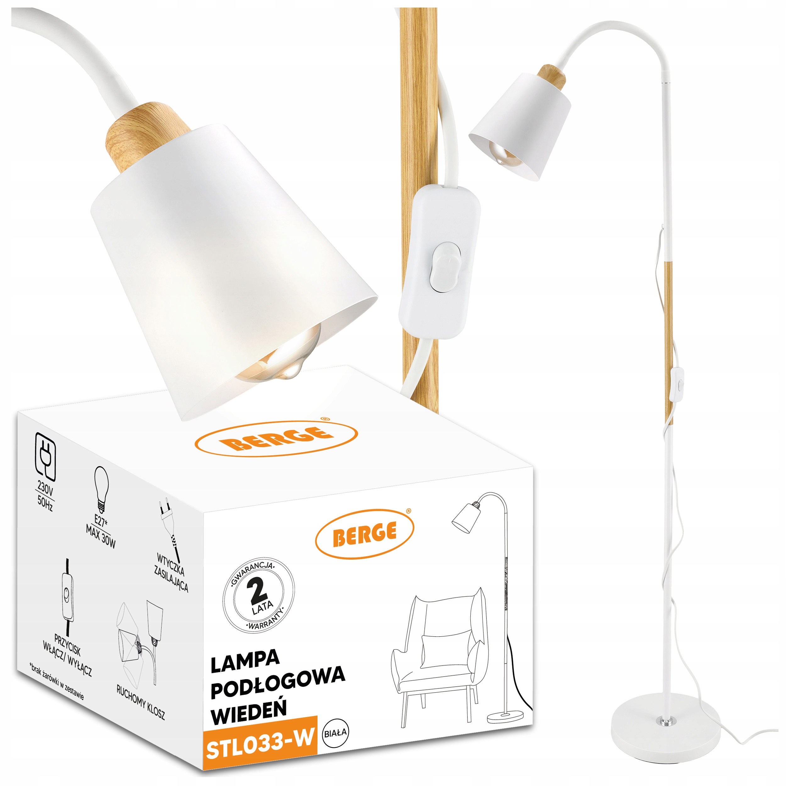 Lampka Lampa Stojaca Podłogowa Led 1xE27 150cm Loft Biała Z Włącznikiem