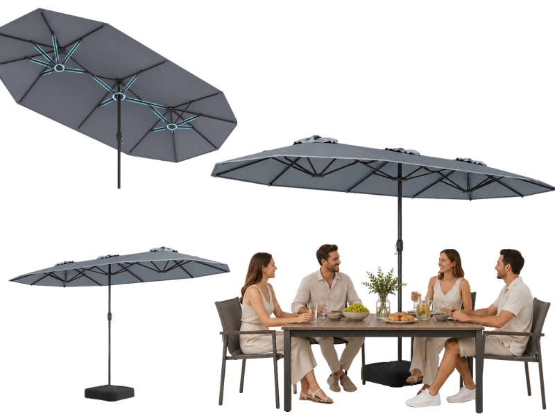 Zahradní Slunečník Trojitý 400 x 200 CM S Stojanem Korbka Šedá Uv Terasa