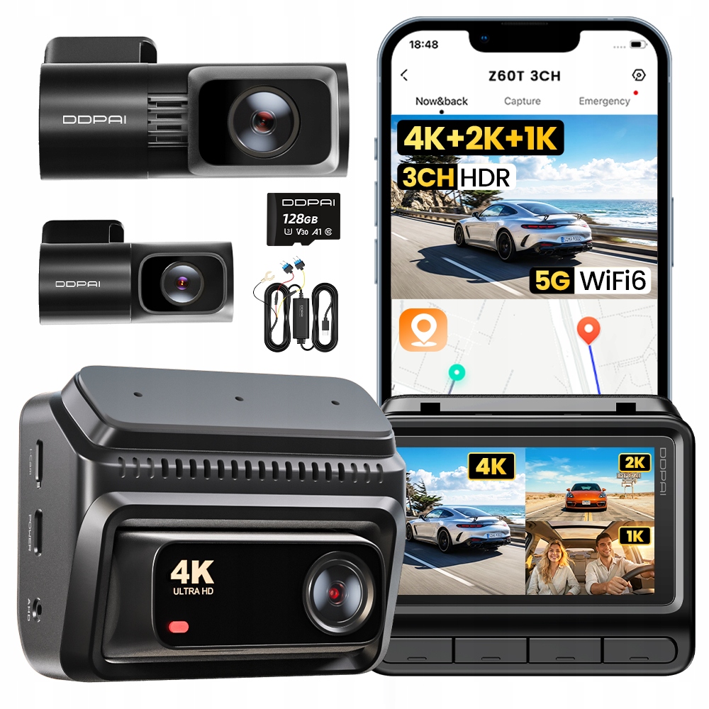 Automobilová Kamera Ddpai Z60T 4K Přední Interiér Zadní Hardwire Kit 128GB