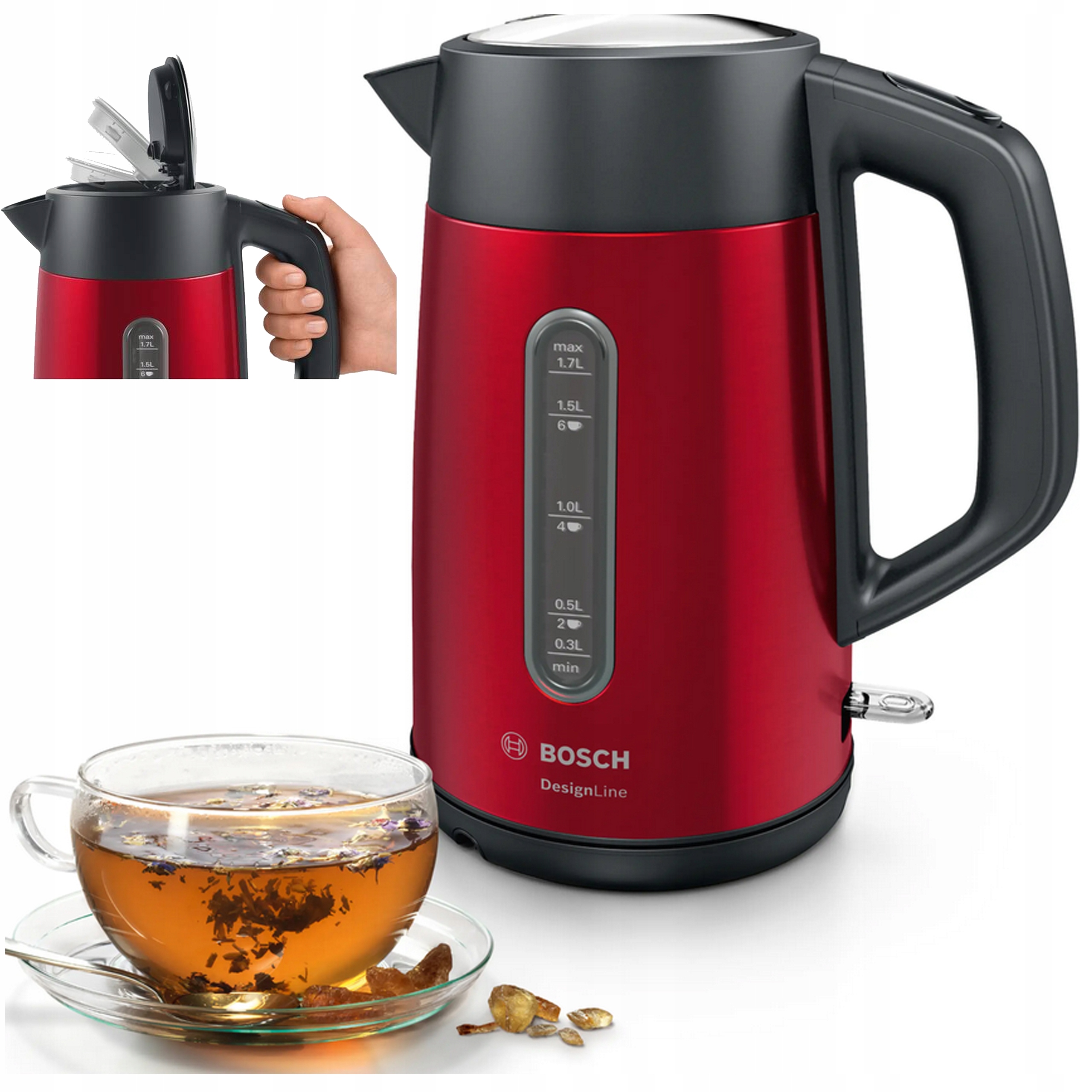 Czajnik elektryczny Bosch TWK4P434 DesignLine 2400 Stal szlachetna Czerwony