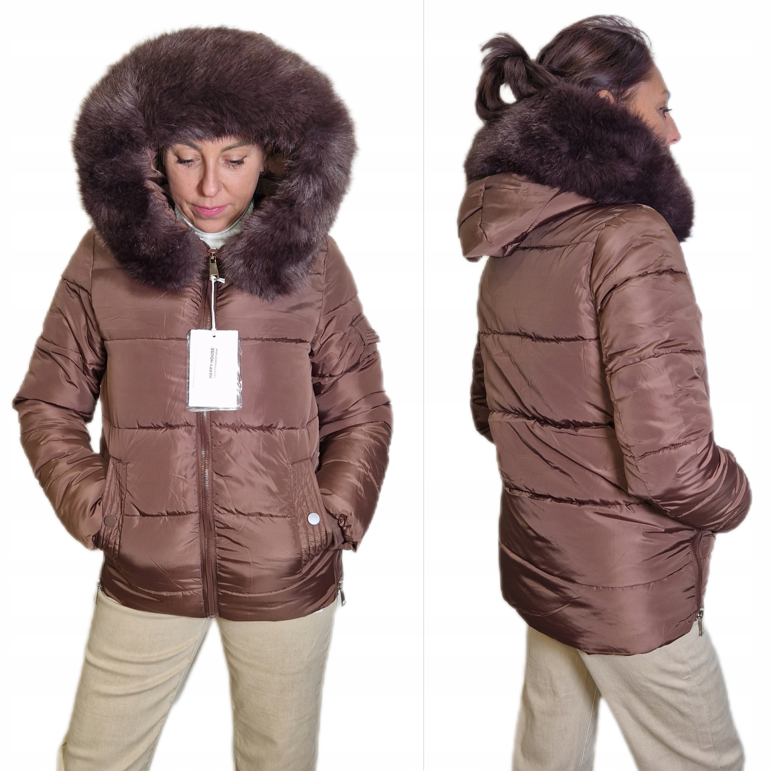 Dámská Zimní Zateplená Bunda S Kapucí, Hnědá, Vel. XL