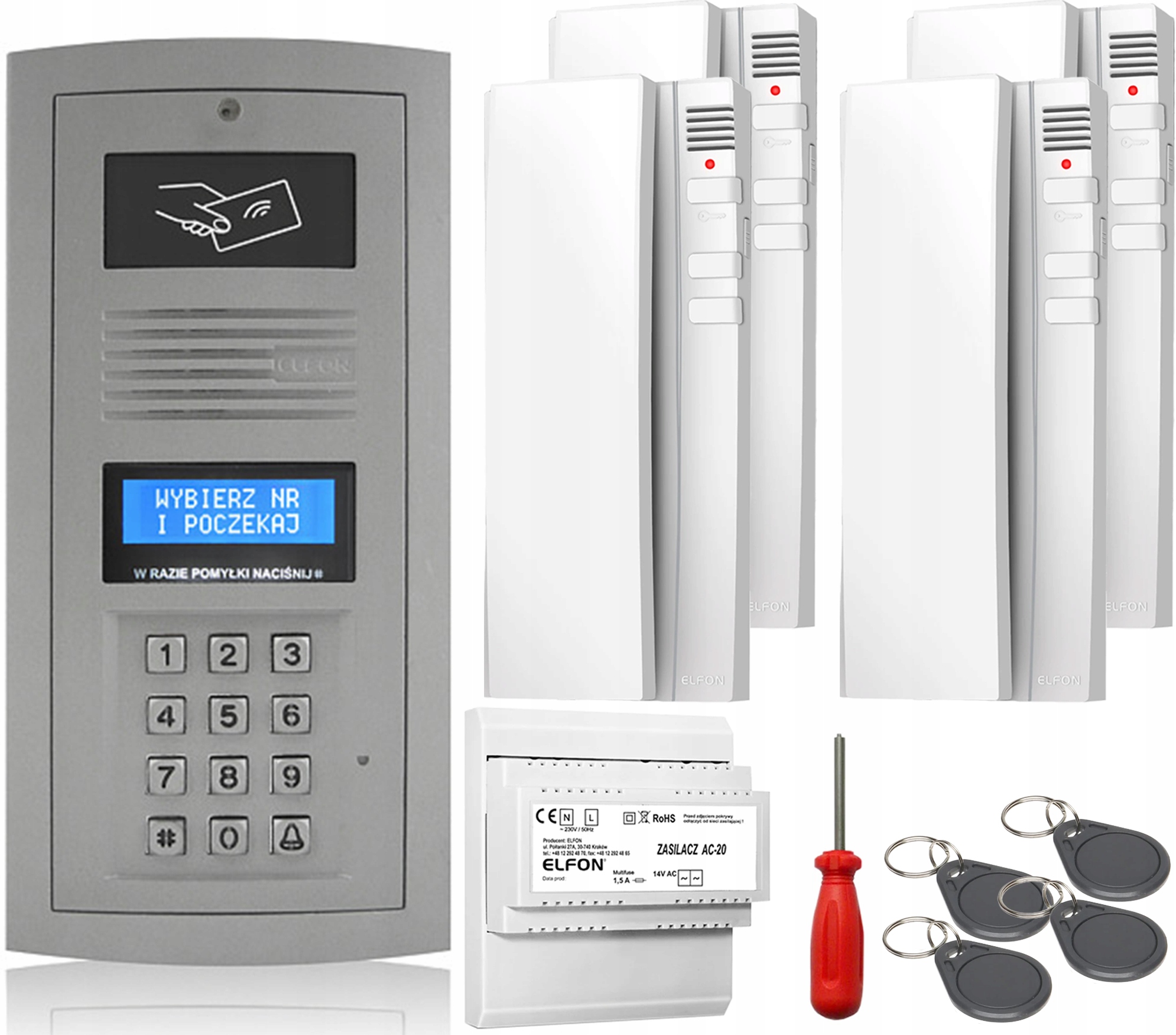 Domofon Sada 4x Slúchadlo Elfon OP-255R-P Digitálny Nástenný Biely Kľúčenka