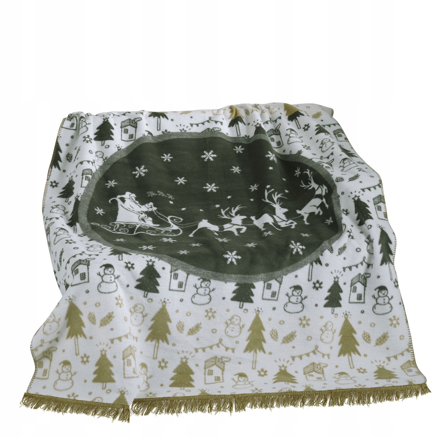 Bavlněno-akrylová deka 150x200 vánoční bílá zelená Mikuláš v saních