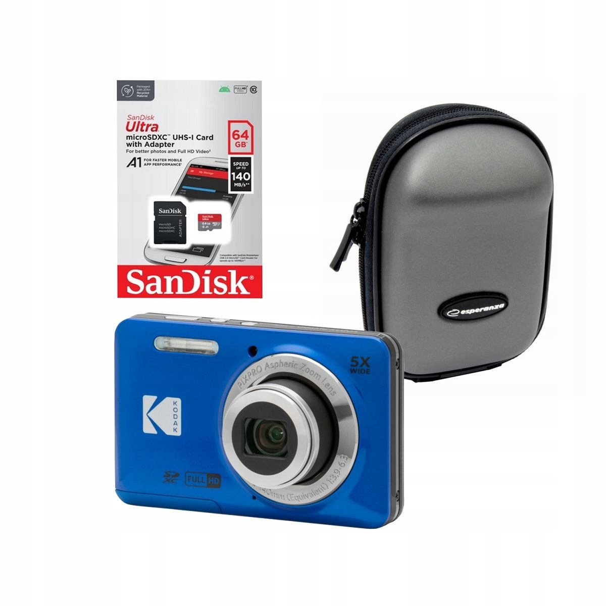 Fotoaparát Kodak FZ55 Modrý Karta Sandisk 64GB Sdhc Adaptér Pouzdro Natec