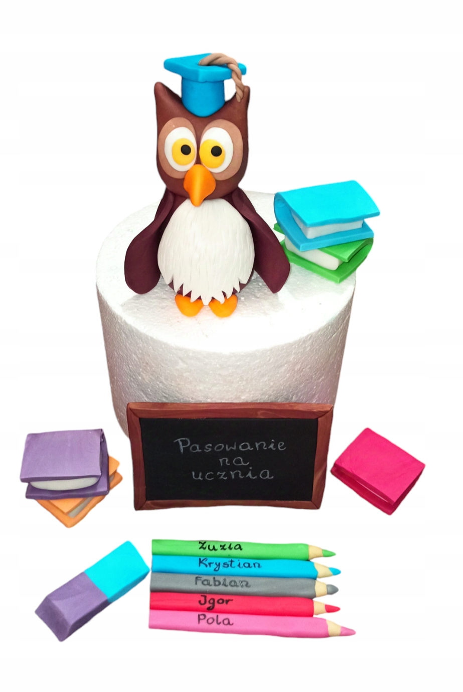 Figurka na tort sowa kredki pasowanie ucznia z masy cukrowej