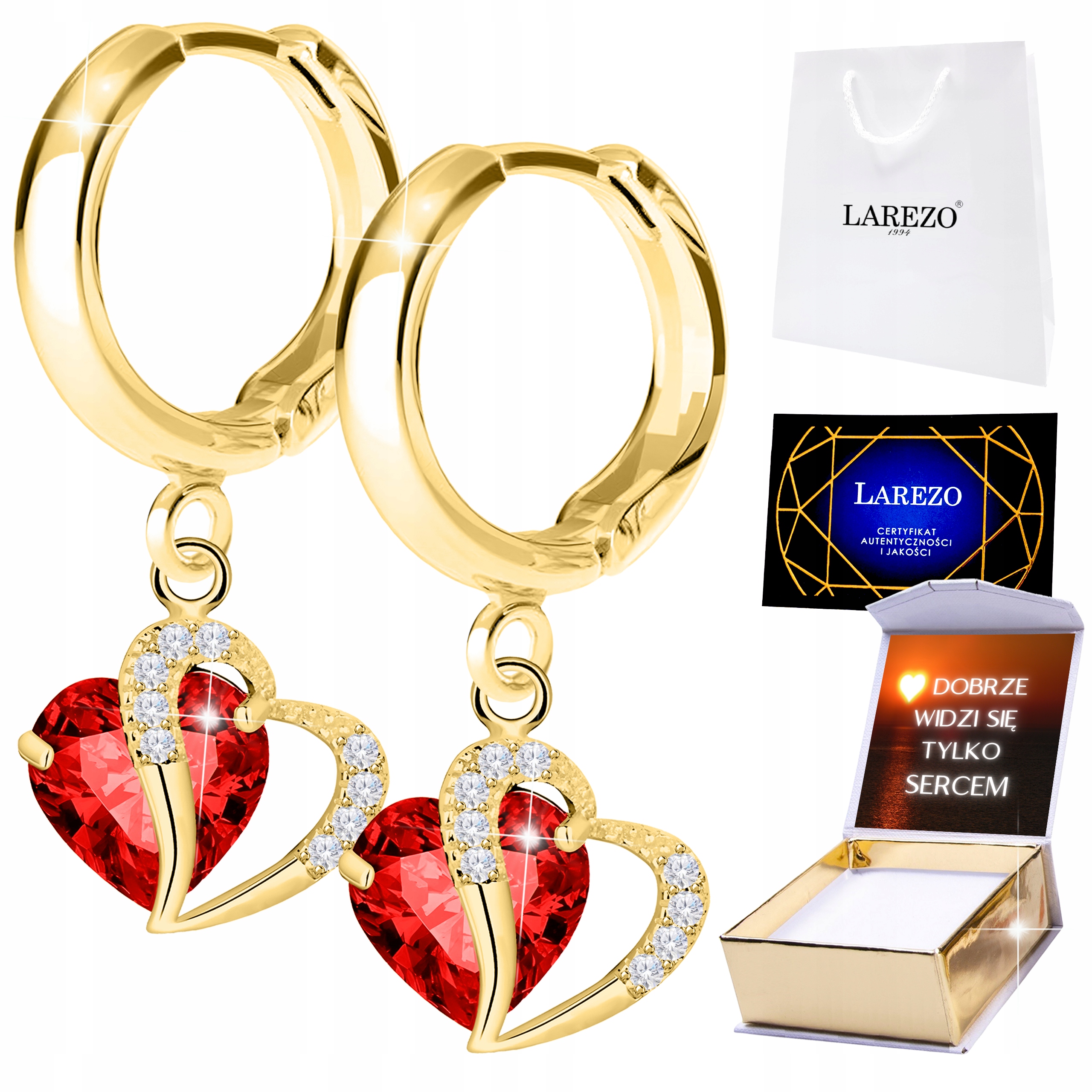 Zlaté Náušnice 925 Křišťálové červené srdce s zirkony Srdíčka Potisk