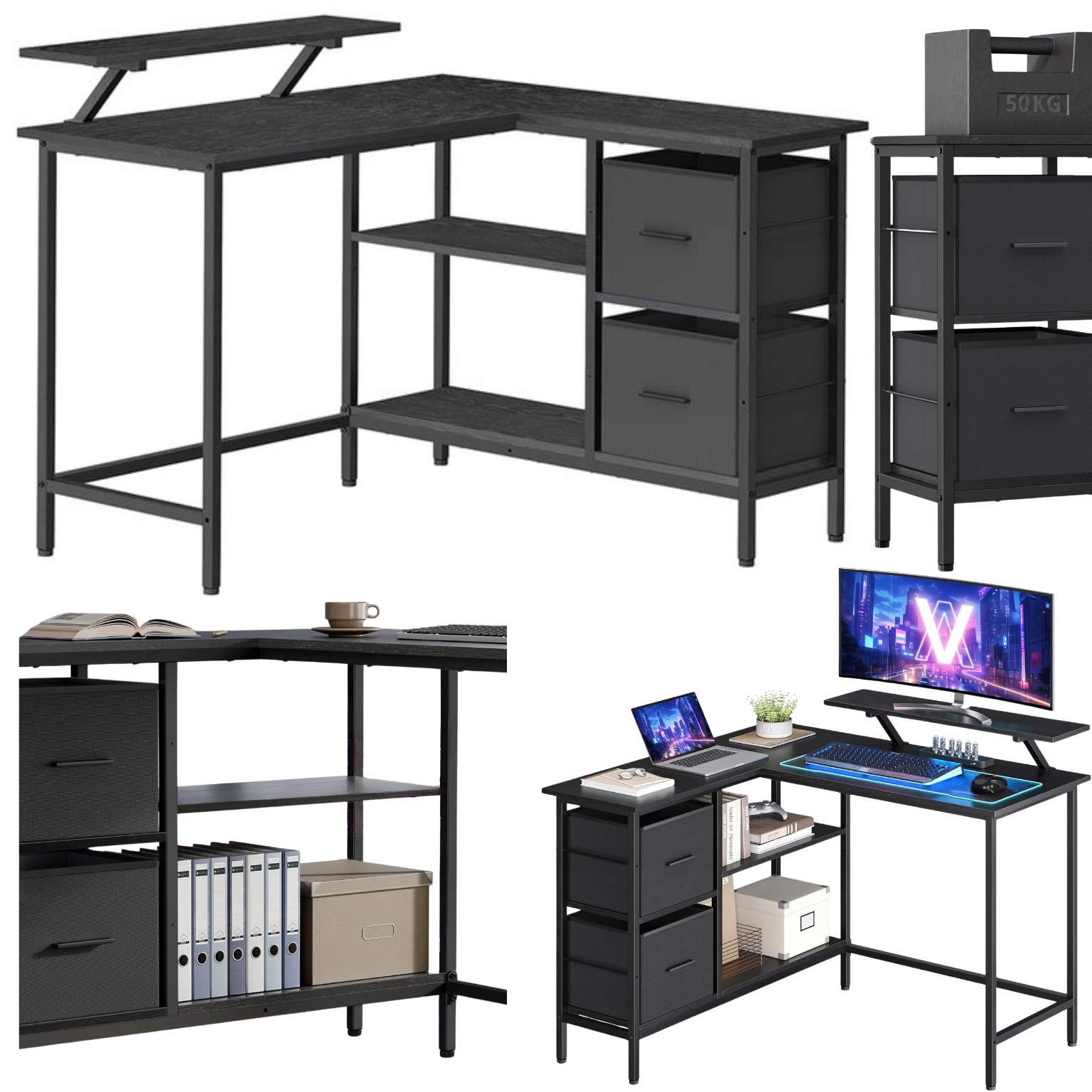 Rohový kancelársky stôl Nastaviteľný herný stôl s zásuvkami a policami Loft