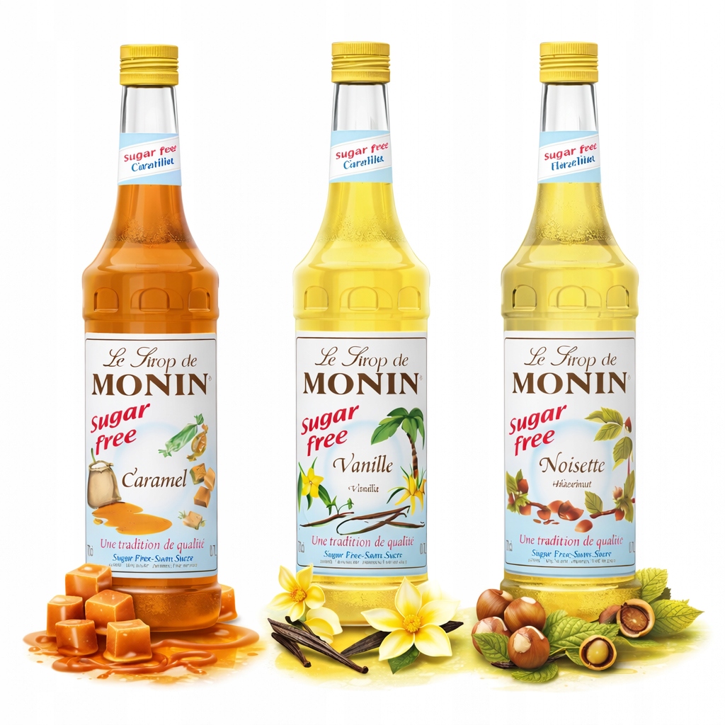 Levně 3x700 ml Monin Bezcukrový Karamel Vanilka Lískový Ořech sirup do kávy