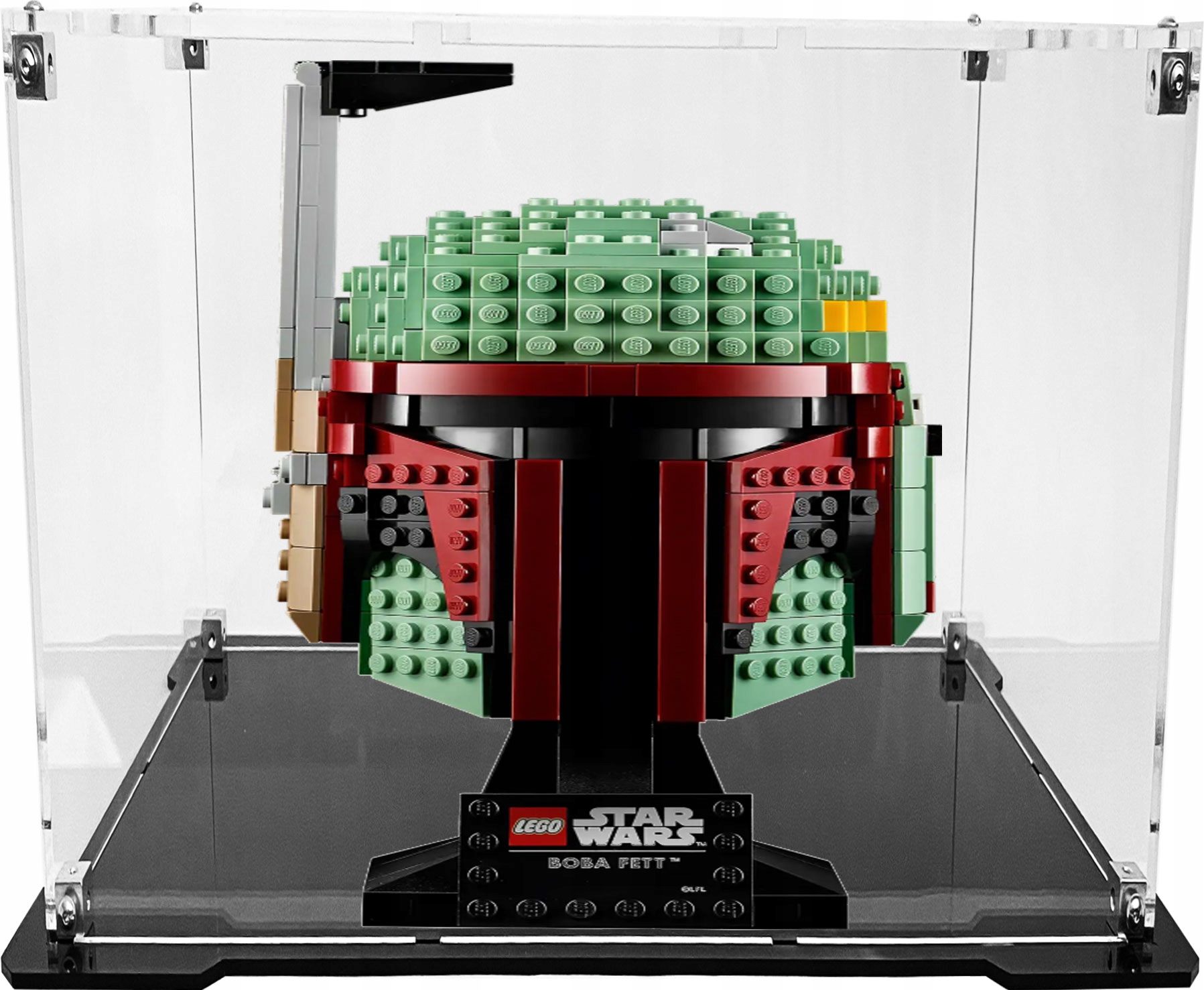 Vitrína s černým podstavcem pro stavebnici Lego 75277 Star Wars Helma Boby Fetta