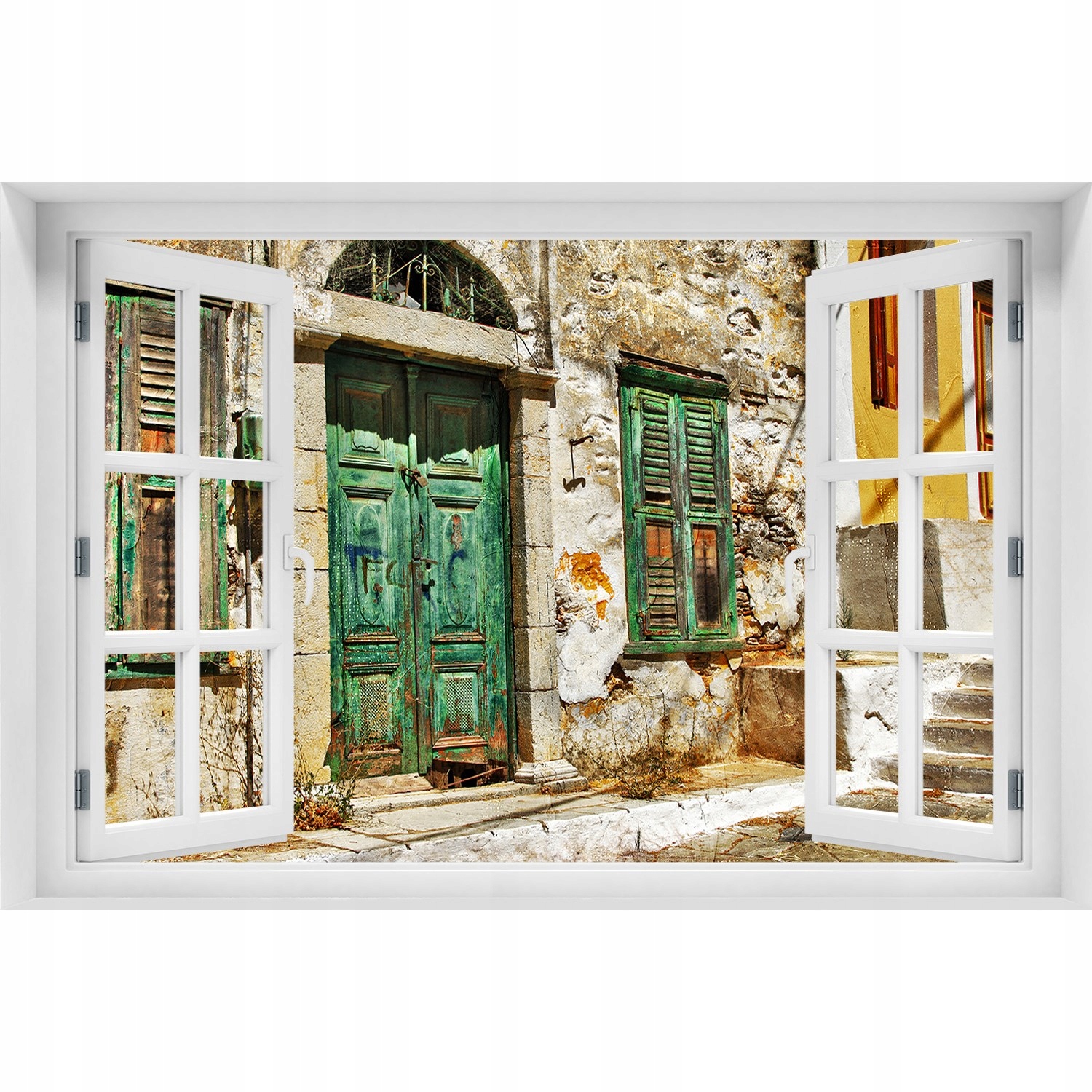 

Naklejka na ścianę 3D Okno widok Greckie uliczki
