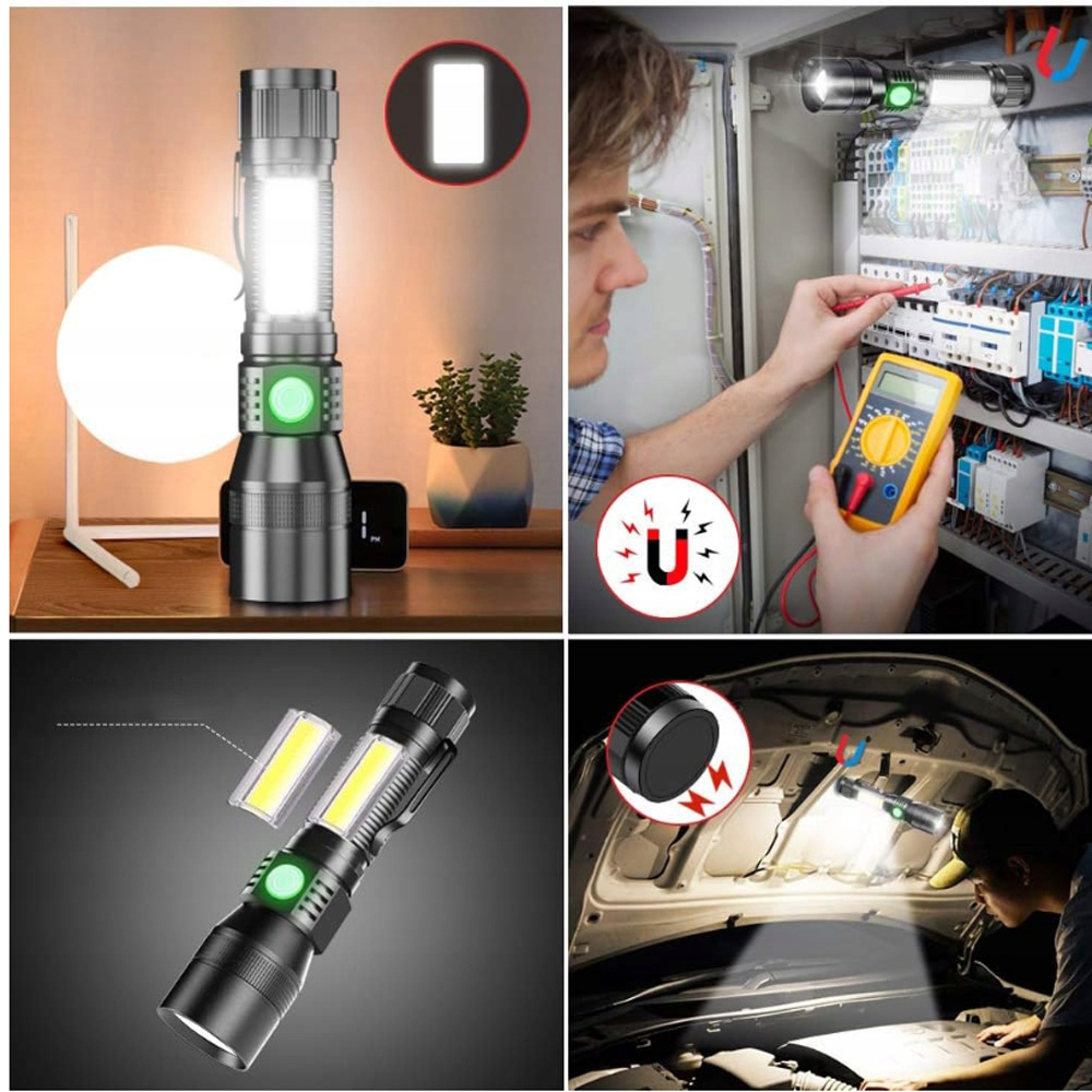 MOCNA LATARKA UV LED AKUMULATOROWA TAKTYCZNA ZOOM USB ŚWIATŁO ROBOCZE COB Waga 190 g