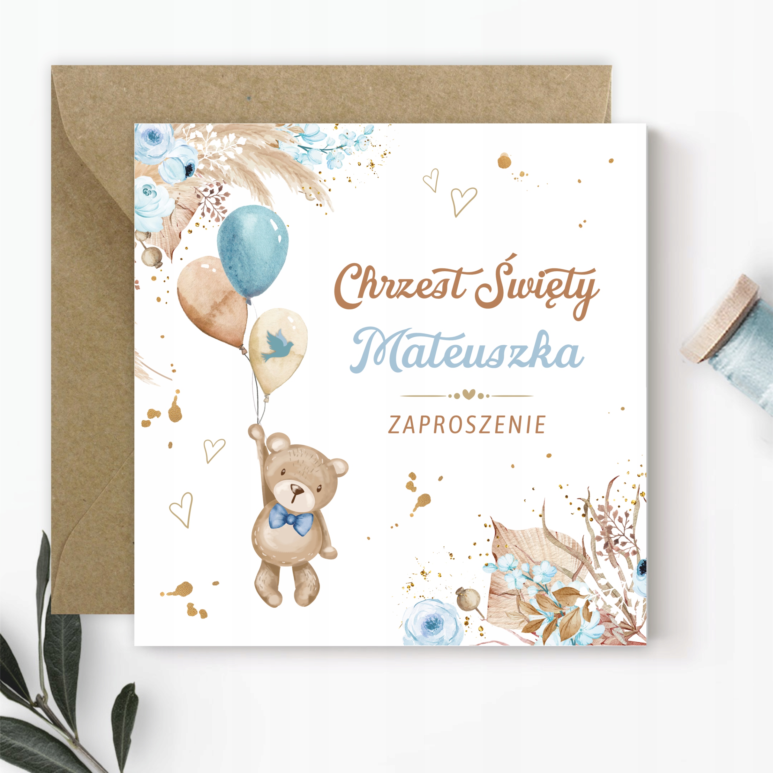 ZAPROSZENIA NA CHRZEST BOHO MIŚ + KOPERTA + IMIĘ Wysokość produktu 14 cm