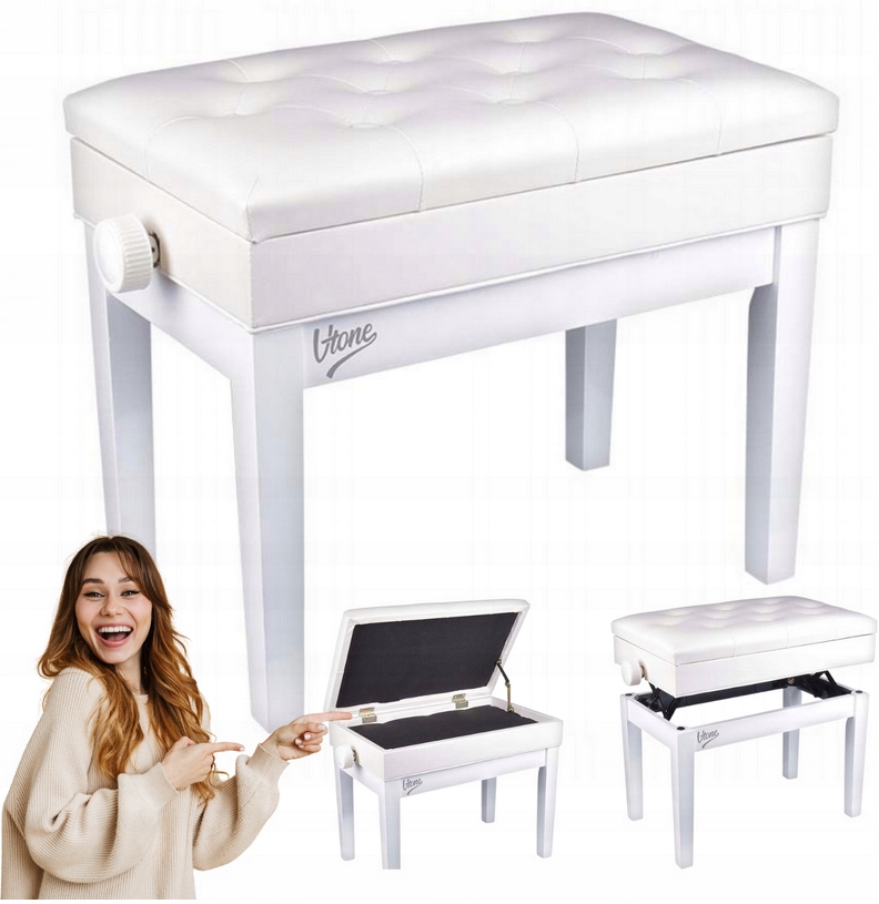 Klavírní Stolička Nastavitelná Stolička S Úložným Prostorem, Bílá, Pohodlná, Premium