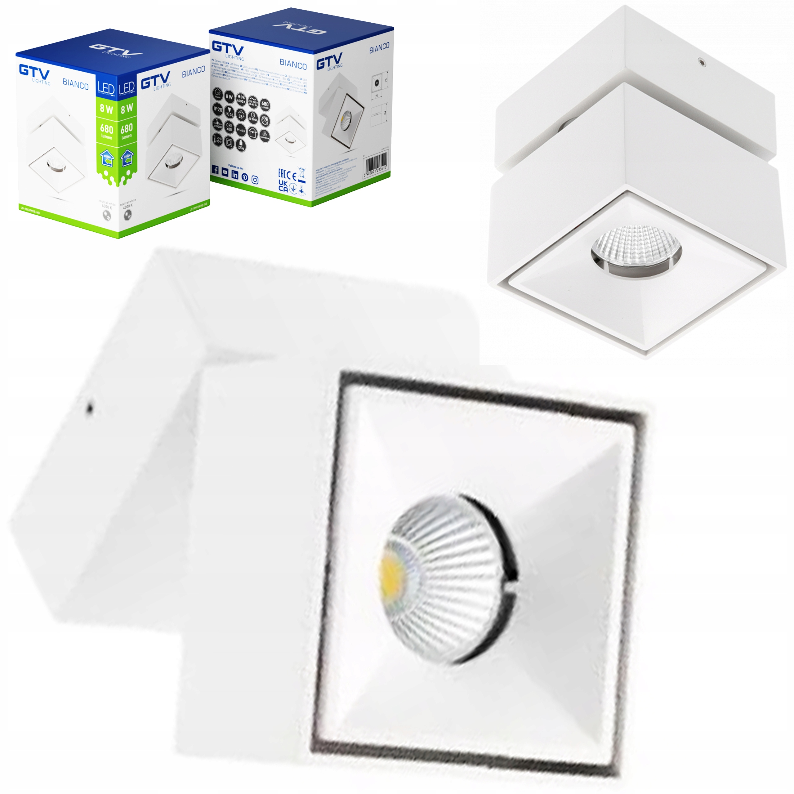 Stropní Nástěnné Led svítidlo Bianco 8W 680lm 4000K čtverec bílé