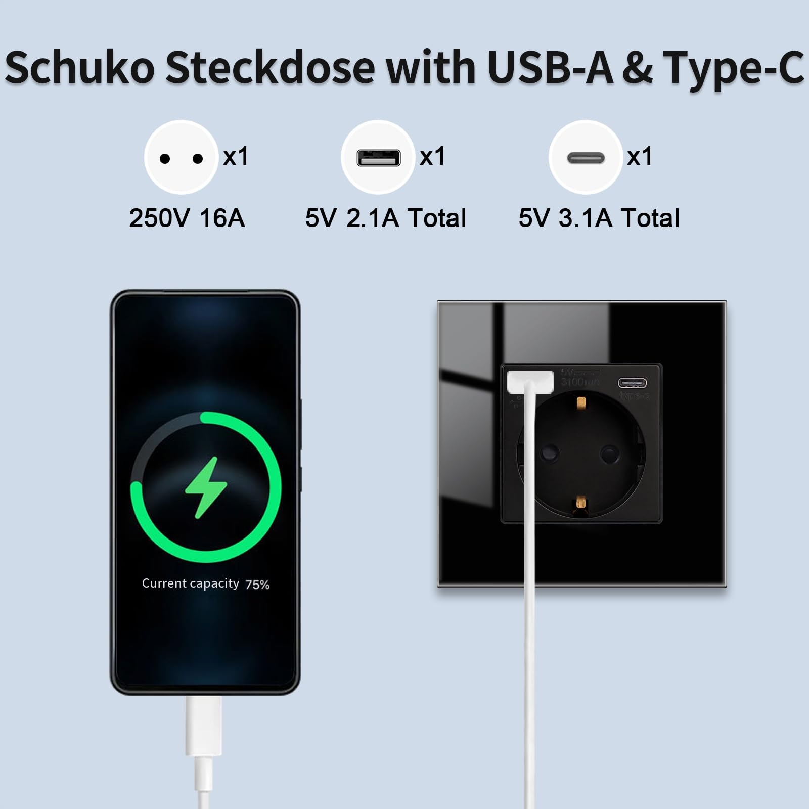 JIMEIDA Gniazdko Szklane USB Czarne Szybkie Ładowanie 20W 16A 250V 86x86mm — miniatura 7