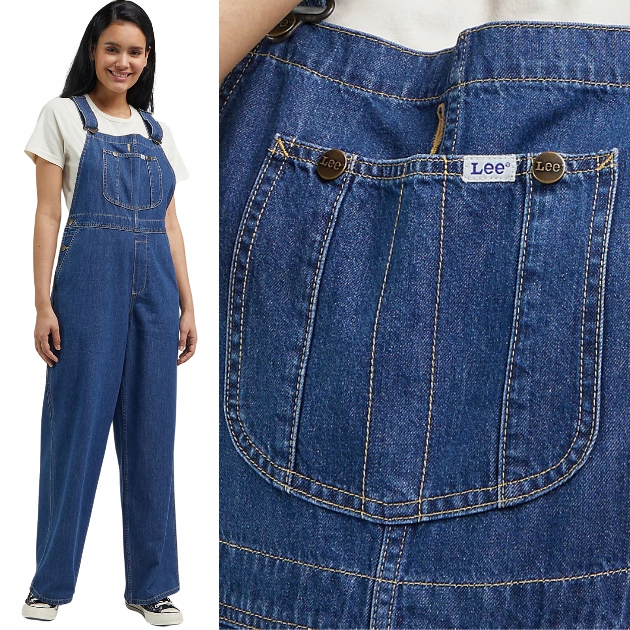 Lee Loose Bib Indigo Rush zahradní kalhoty volné dámské džínové kalhoty S