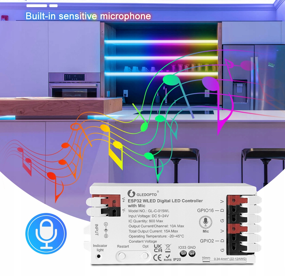 Sterownik WLED Magic Pixel RGBIC WiFi ESP32 Home Assistant WS281x MIKROFON Zawiera baterie nie