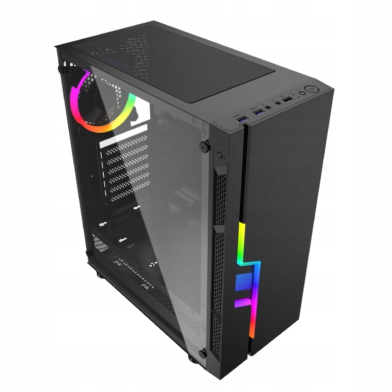 CZARNA OBUDOWA GAMINGOWA KOLOROWE PODŚWIETLENIE WENTYLATOR RGB OKNO ATX Zasilacz w zestawie nie