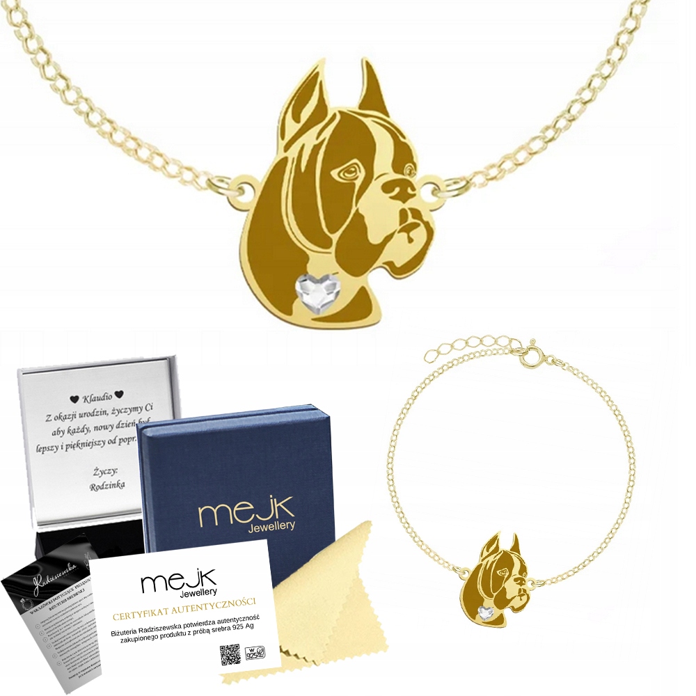 Zlatý náramek s psem Boxer 925 Šperky Žena Dárek Gravírování Bonus