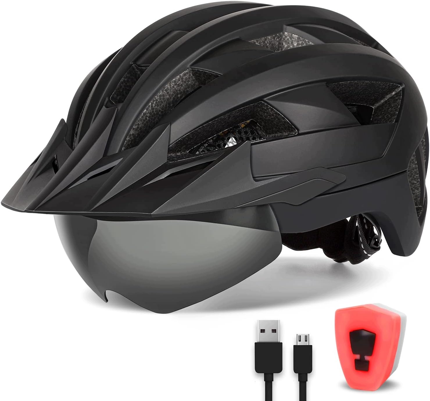 BL14 Kask rowerowy z goglami daszkiem i lampka Led M 54-58cm