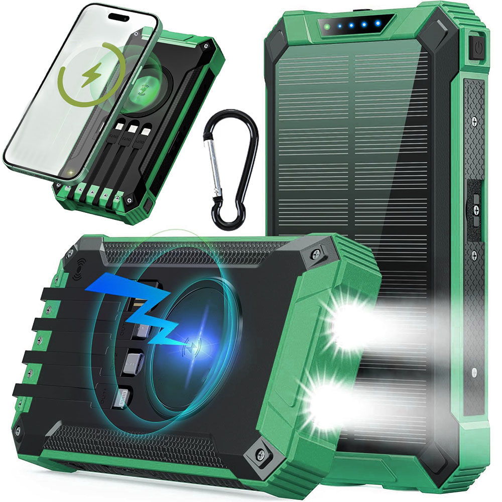 Velká Vodotěsná Solární Powerbanka S Indukcí, 4 Kabely, Výkonná Svítilna, 26800 mAh