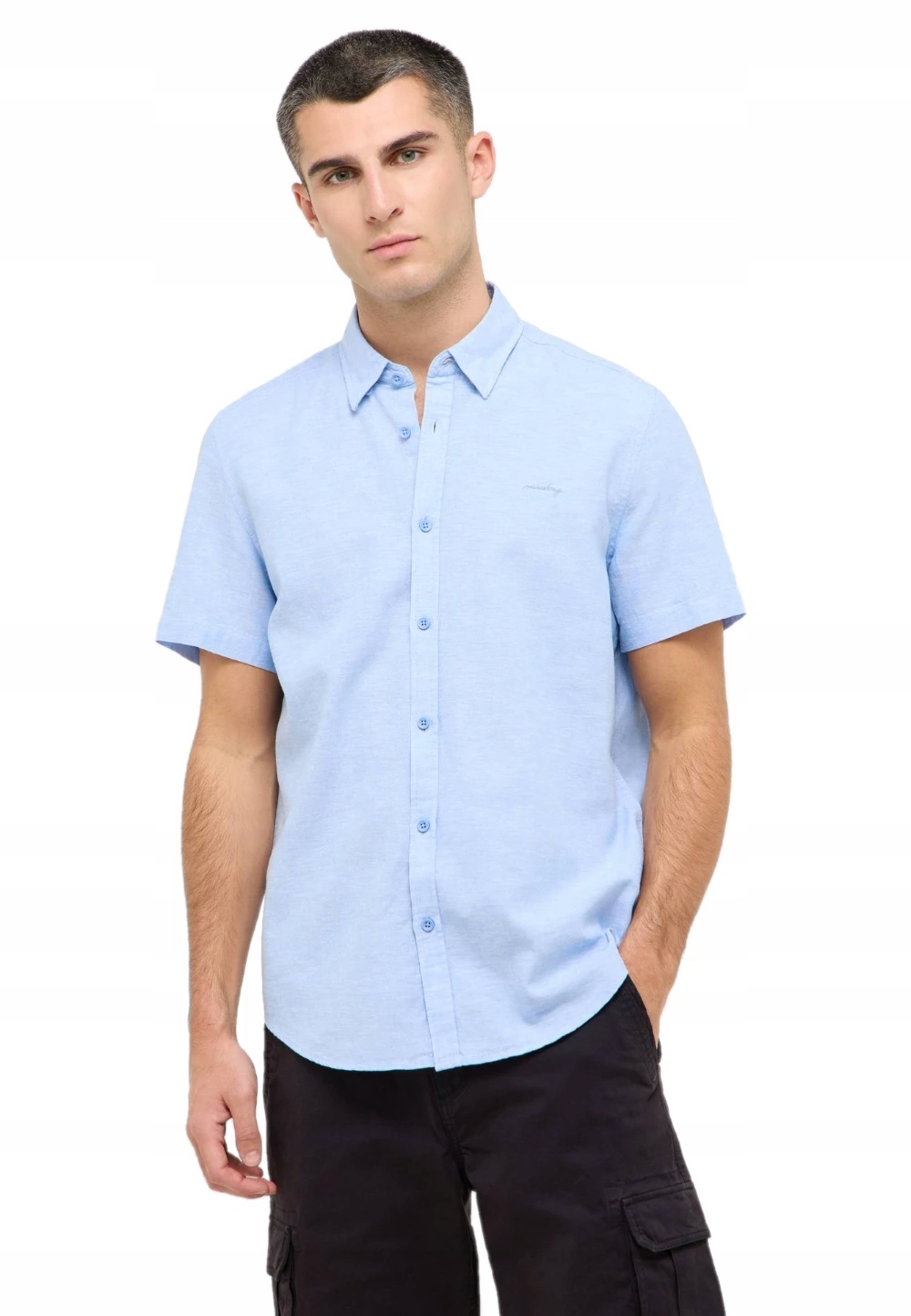 Lněná Pánská Košile S Krátkým Rukávem, Modrá, Casual, Límeček XL