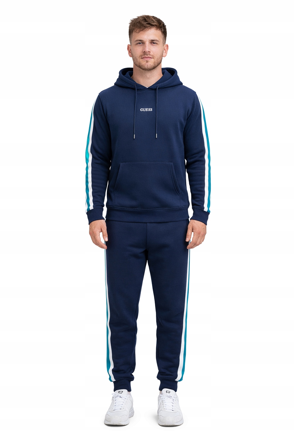 Guess Tmavě Modrá Pánská Mikina S Kapucí A Pruhy Na Rukávech M I4B