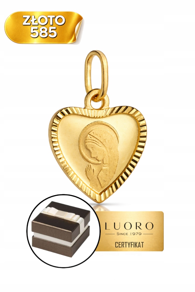 Medailon Zlatý 585 14K Matka Boží Modlící Se V Srdci 1,8 CM Elegantní