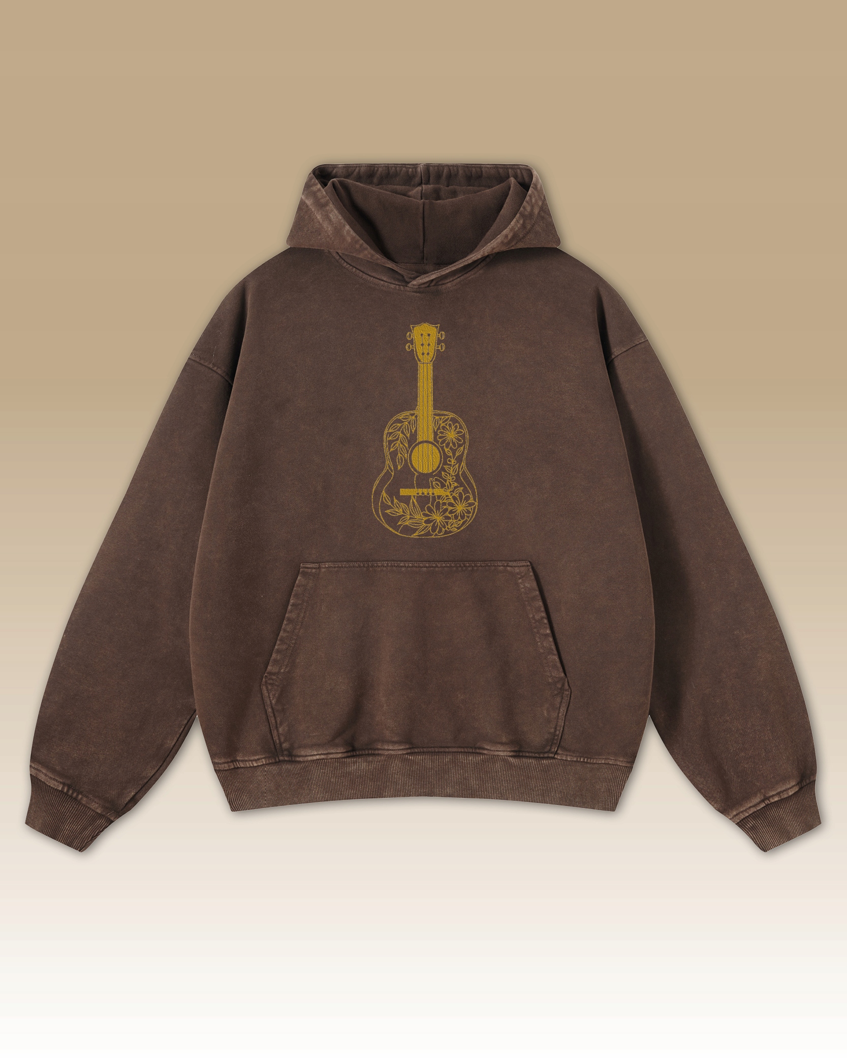 Mikina Výšivka Kytara Oversize Praná Hudba Vyšívaná Kytara Hnědá XXL