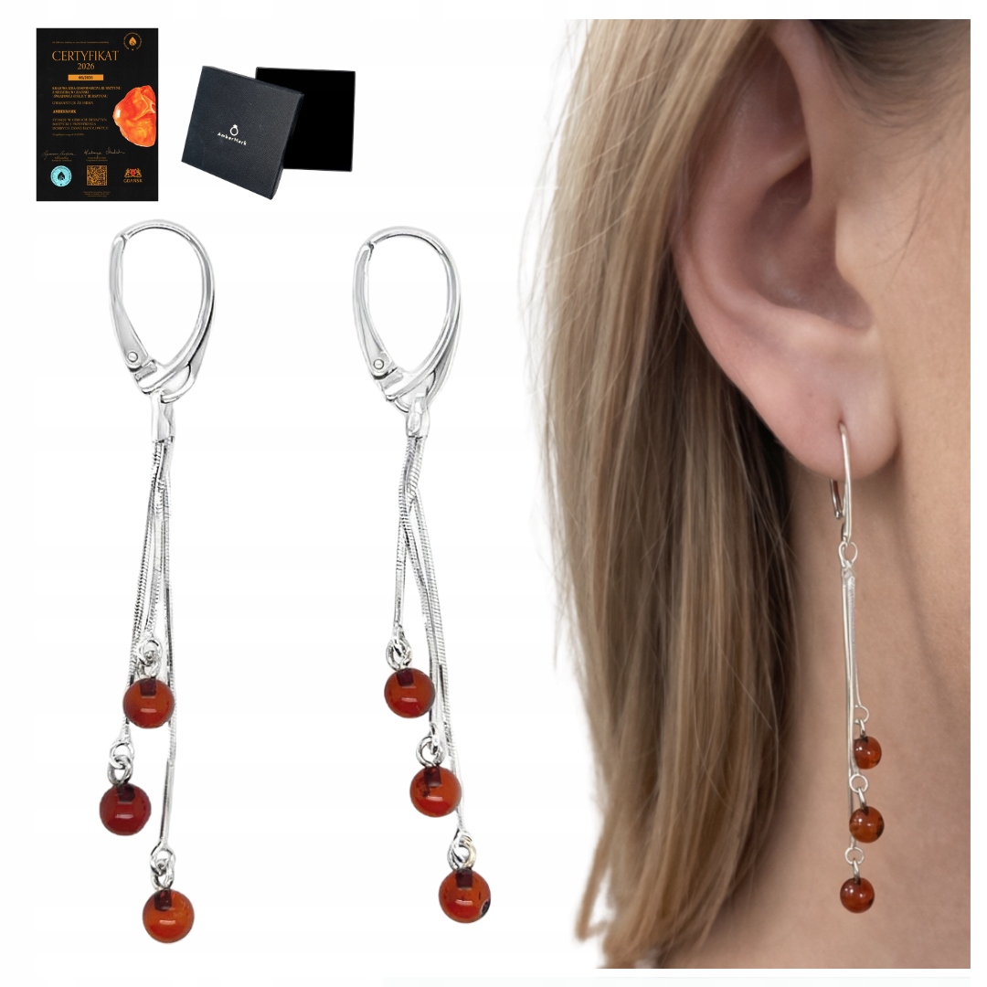 Stříbrné náušnice s kuličkami, závěsné, zapínání anglické, jantar třešňový stříbro